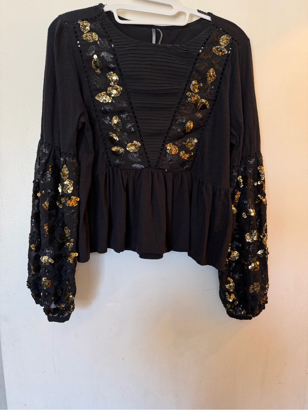 Anthropologie Black Gold Sequin Sleeve Peplum Boho Blouse Size M - Picture 3 of 11